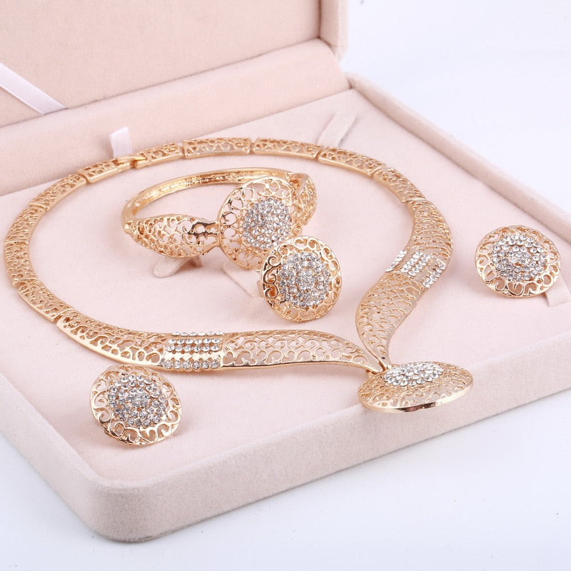 Dubai Gold Plated Jewelry Sets Nigerian Wedding African Beads Crystal Bridal Jewellery Set Rhinestone Ethiopian Jewelry parure