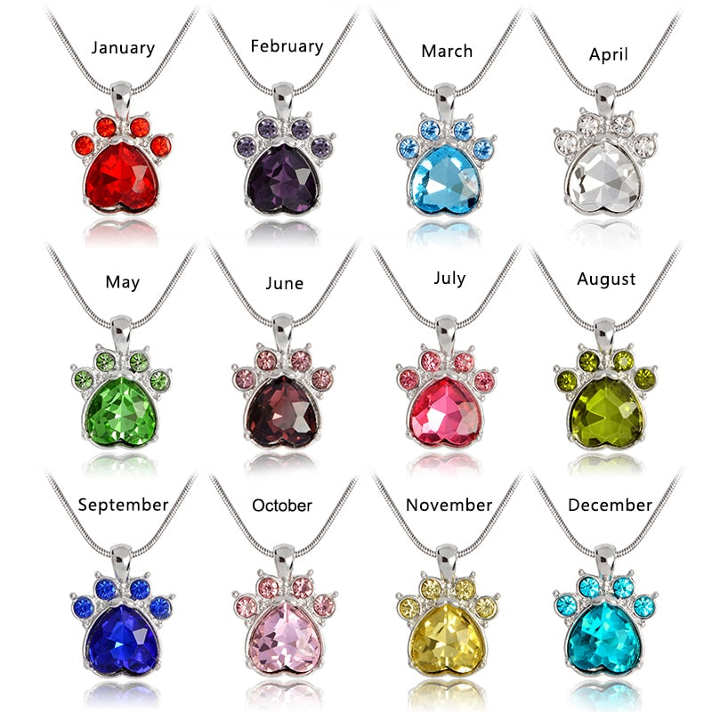 QIHE JEWELRY Simulated birthstone necklace Rhinestone paw foot print charm necklace birthstone jewelry gift