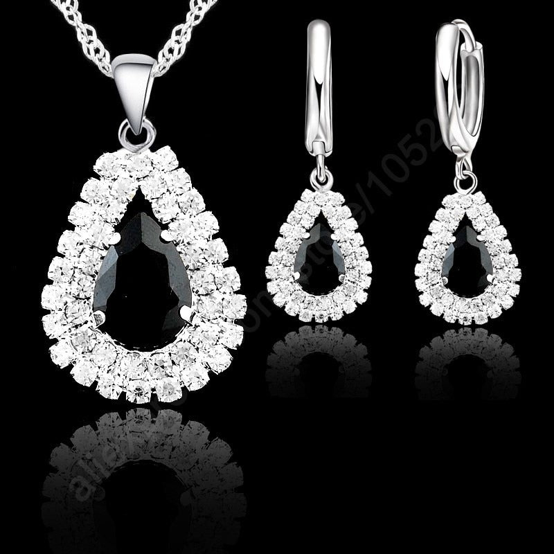 Jewelry Sets Blue 925 Sterling Silver Crystal Pendant Necklace 18&quot; Chain Hoop Earring Lever Back Women Gift Accessories