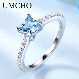 UMCHO Sky Blue Topaz Rings for Women Real Solid 925 Sterling Silver Korean Gemstone Ring Birthstone Girl Gift Wholesale Jewelry