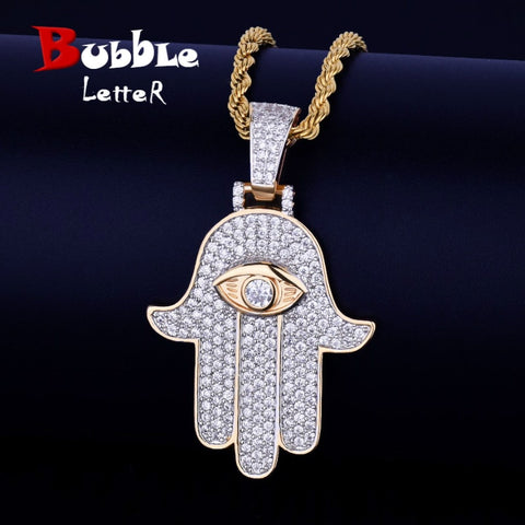 Iced Hand Pendant Necklace Gold Color Cubic Zircon Men&#39;s Hip Hop Jewelry