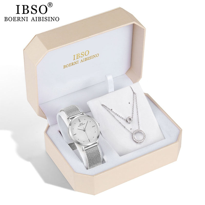 IBSO Brand Women Watch Set Silver Necklace Quartz Watch Set Female Jewelry Set Fashion Creative Crystal Quartz Watch Lady&#39;s Gift