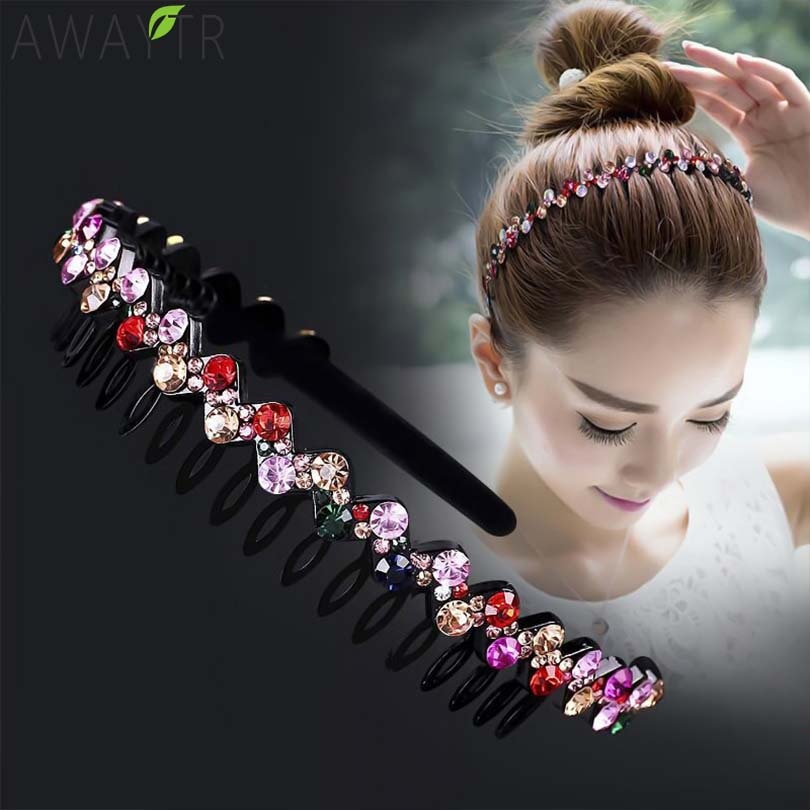 AWAYTR Hairbands Non-slip Bezel Colorful Rhinestone Flower Water Ripple Hair Hoop Headband for Women Hair Band Hair Accessories