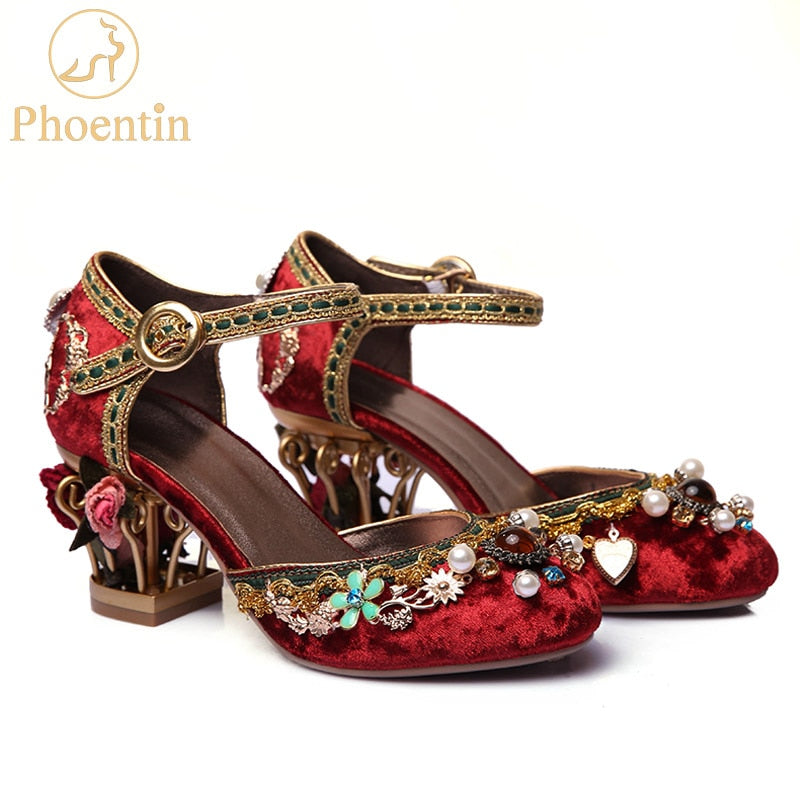 Phoentin velvet strap Chinese wedding shoes women crystal buckle pearl rhinestone flower decoration mary jane shoe FT267