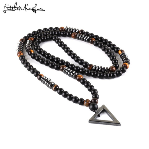 2019 Luxury Long Necklace Tiger Eye Natural Stone Beads Men's Black Hematite Triangle Pendants Necklace Geometry Jewelry Gift