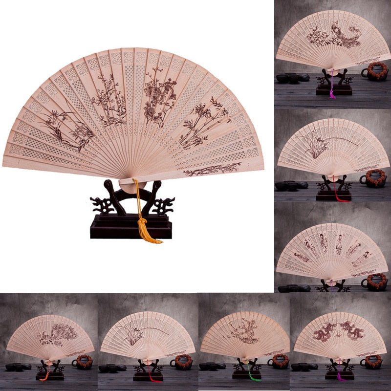 Chinese Japanese Folding Fan Original Wooden Hand Flower Bamboo Classical PrintedFan Ladies Dance Performance and Home Decor