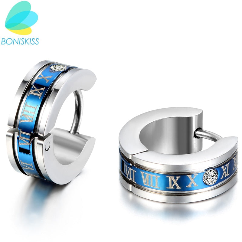 1 pair Fashion Men&#39;s Stainless Steel Earring Roman Numeric Engrave Hoop earring For Boys Gold Blue Black Colors brincos argola