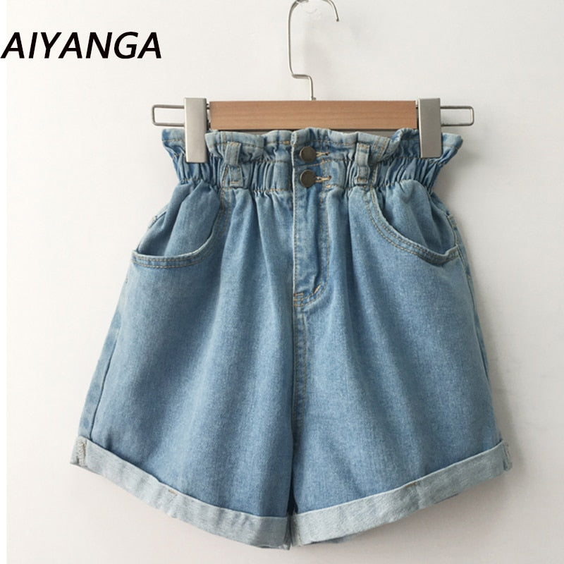 2023 Summer High Waist Denim Shorts Women Casual Loose Ladies Fashion Roll Up Hem Elastic Waist Pocket Blue White Jeans Female