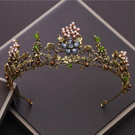 KMVEXO Baroque Vintage Gold Color Crystal Flowers Beads Tiaras Rhinestone Queen Crowns Wedding Hair Accessories Headband Diadem