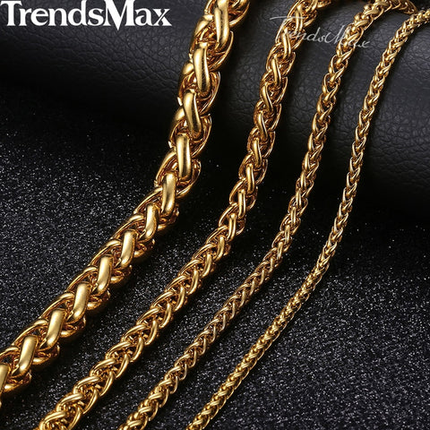 Length 3-10mm Men&#39;s Necklace Stainless Steel Gold Color Round Spiga Wheat Chain Hip Hop Jewelry Necklace For Men KNM136