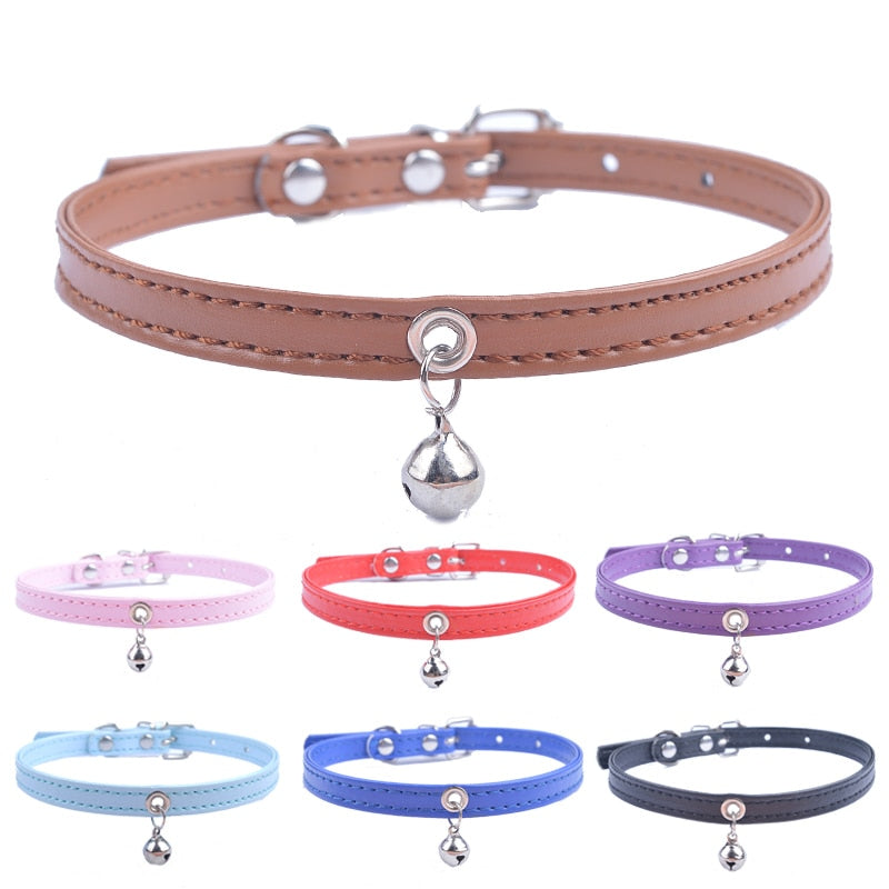 Cute Cat Collar Solid Faux Leather Adjustable Pet Collars With Bell Cats Products For Pets Red Blue Brown Pink Size XS S M