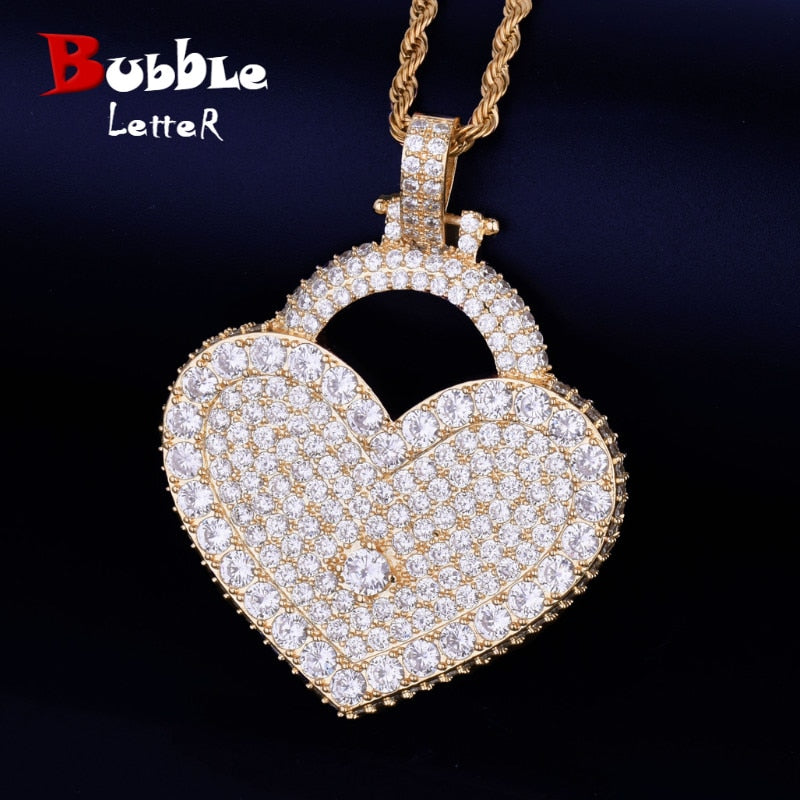 Heart Pendant Necklace Gold Color Iced Zircon Men&#39;s Hip Hop Rock Jewelry