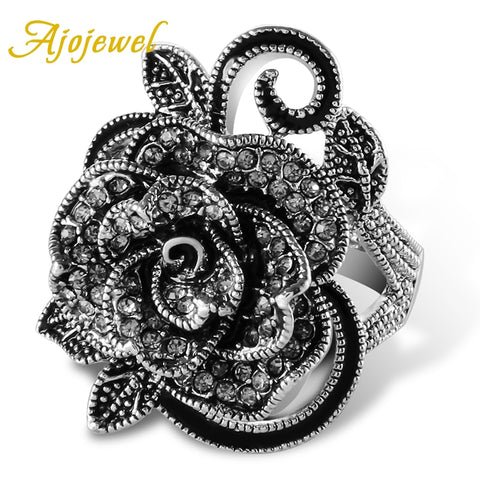 Ajojewel #7-9 Black Rose Flower Big Vintage Rings For Women Unique Retro Crystal Rhinestone Jewelry Luxury Gift