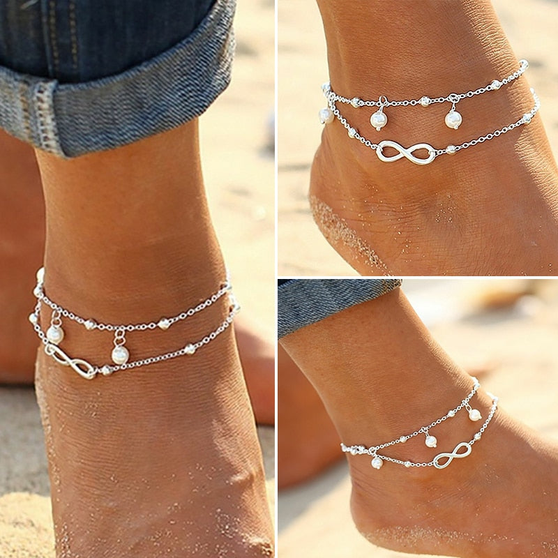 Bohemian Elegant Women&#39;s Imitation Pearl Anklet Foot Bracelet Barefoot Sandals Chain Strap Beach Accessories Jewelry For Women