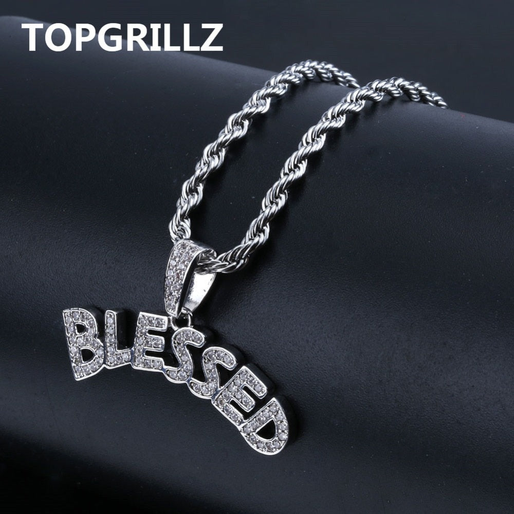 TOPGRILLZ Bubble Letters BLESSED Pendant Necklace Men Women Hip Hop Gold Silver Color Iced Out Cubic Zircon Jewelry Necklace