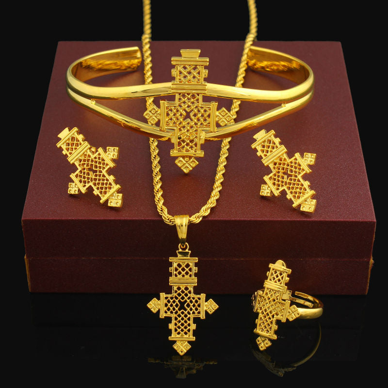 HOT Ethiopian Jewelry sets 24K Gold Color Coptic Crosses Sets Kenya/ Nigeria/Sudan/Eritrea/ Habasha Wedding Jewelry