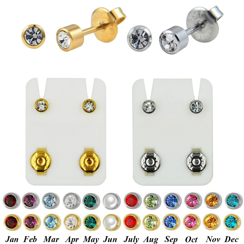 PAIR 24K plated gold birthstone CZ gemstone ear stud earrings for jewelry ear piercing.