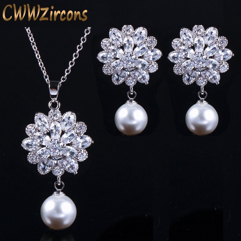 CWWZircons Brand Trendy Women Pearl Jewelry High Quality Zirconia Crystal Ladies Dangling Pendant Necklace And Earring Set T280