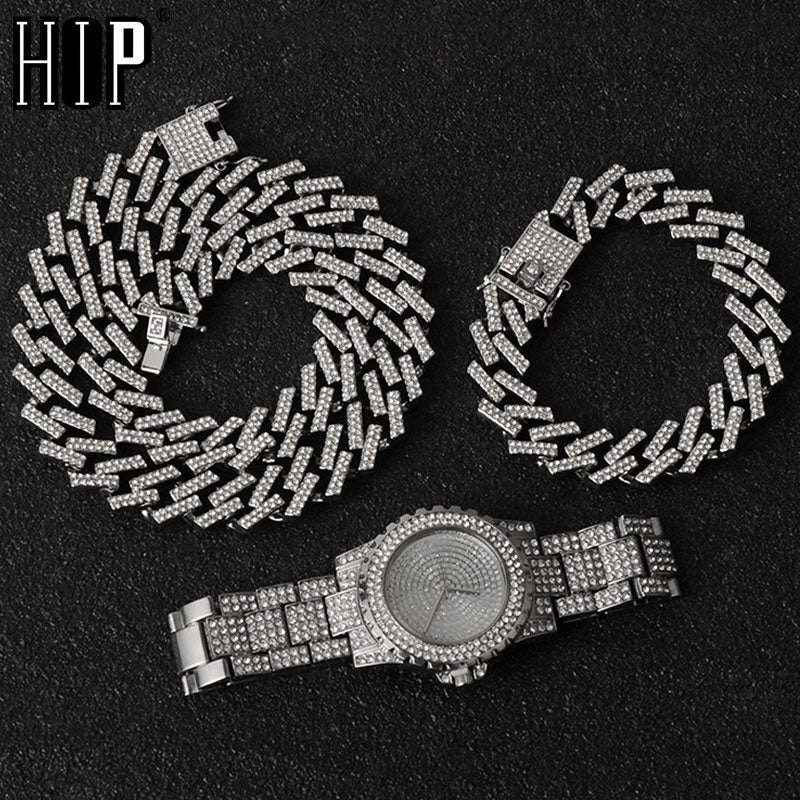 Hip Hop Necklace +Watch+Bracelet Bling Iced Out Miami Zircon Cuban Prong Pave Rhinestone Men Bracelet Necklace For Men Jewelry