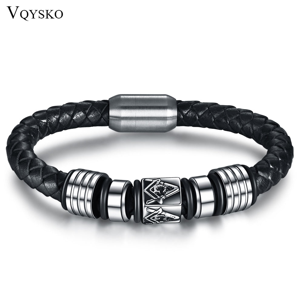 New Super Cool Men Magnetic Buckle Genuine Leather Bracelet Stainless Steel Masonic Bracelets Men Jewelry