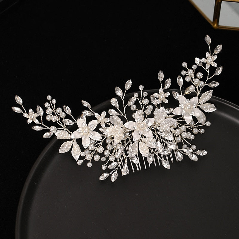 Luxury Women Comb Jewelry Handmade Alloy Imitation Pearl Silver Color Flower Hair Comb Bridal Wedding Headdress Headpeice VL