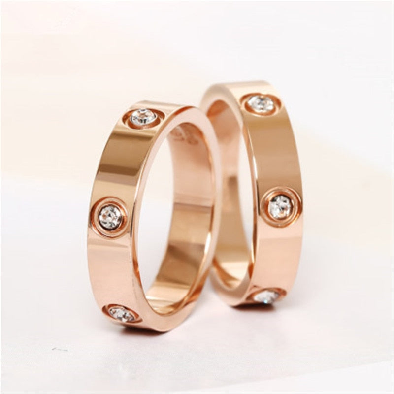 Trendy Stainless Steel Rose Gold Color Love Ring for Women Men Couple CZ Crystal Rings Luxury Brand Jewelry Wedding Gift KK050