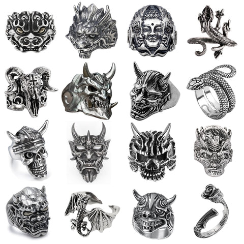 Retro Punk Men Ring Demon Skeleton Hip Hop Rock Locomotive Ring Titanium Steel Alloy Ancient Silver Color Ring Women Jewelry.