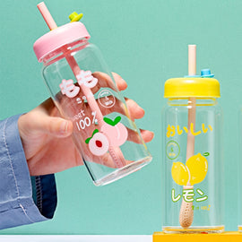 Water bottle cute fruit straw creative student couple transparent glass water cup cup with lid juice drink water cup gift office