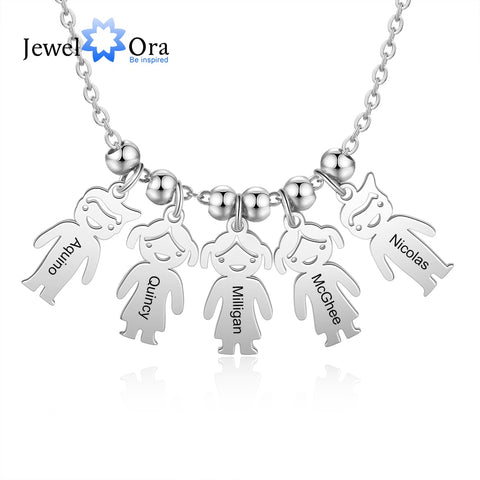 JewelOra Personalized Engraved Name Necklace with Boy Girl Charms Customized Name Stainless Steel Children Pendant for Women