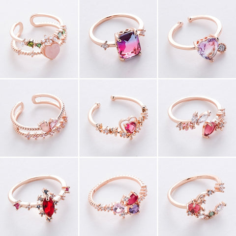 New Delicate Zircon Rings Micro-inlaid Crystal Elegant Flowers Heart Rings For Women Adjustable Opening Rings Party Jewelry