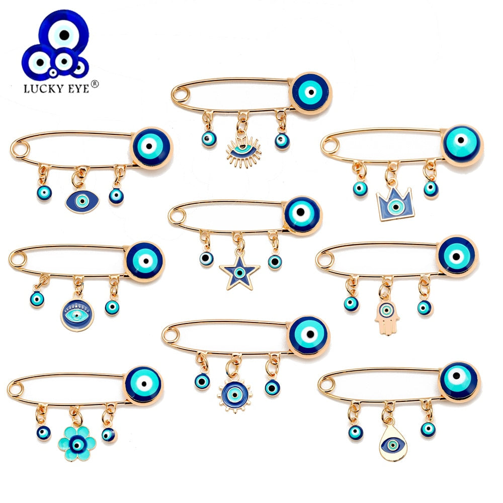 Lucky Eye Blue Turkish Evil Eye Brooch Pin for Women Men Dropping Oil Flower Crown Star Hamsa Hand Charm Fashion Jewelry BD52