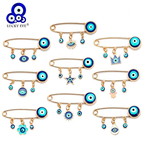 Lucky Eye Blue Turkish Evil Eye Brooch Pin for Women Men Dropping Oil Flower Crown Star Hamsa Hand Charm Fashion Jewelry BD52