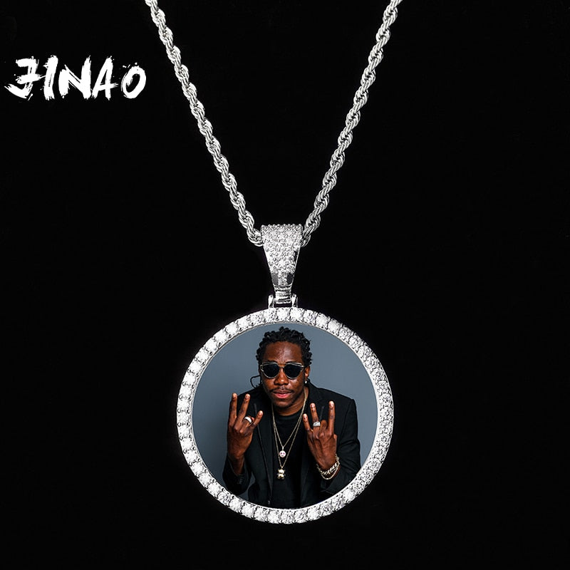 JINAO NEW Custom Ice out Large size Photo Round Necklace &amp; Pendant With 4mmTennis Chain AAA Cubic Zircon Hip hop Jewelry