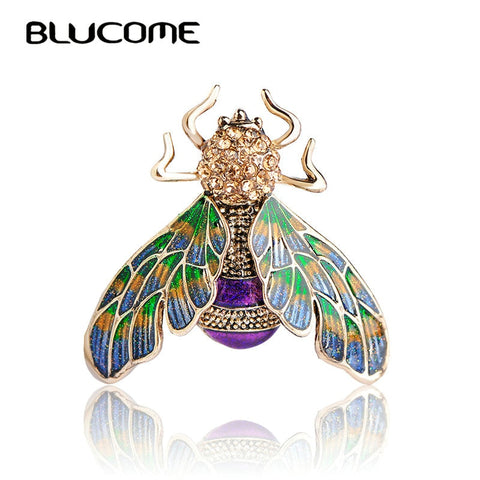 Blucome Beautiful Green Purple Enamel Insect Bee Brooch Crystal Gold-color Alloy Metal Brooches For Shoulder Scarf Sweater Pins