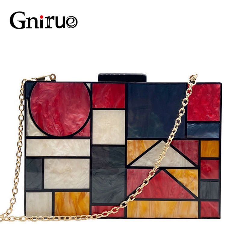 Unique Patchwork Acrylic Evening bags Geometric Handbags Clutches Party Prom Purses Wedding Wallets Free Shipping Dropshipping