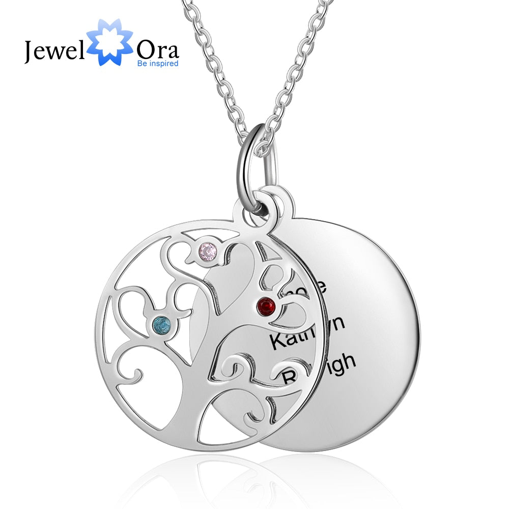 JewelOra Personalized Filigree Family Tree Pendant Necklace with Birthstones Women Custom Name Engraved Tree of Life Necklaces