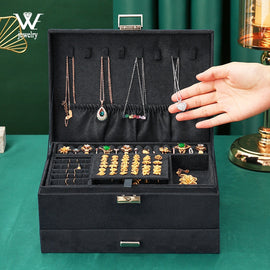 WE Oversized 3-layes Black Flannel Jewelry Box boite a bijou Jewelry Organizer Necklace Earring Ring Storage Box for Women Gifts