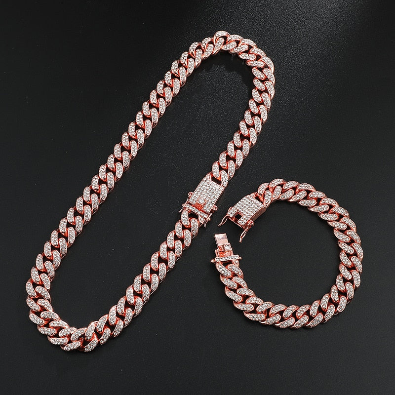 D&amp;Z Hip Hop 13mm Rose Gold Cuban Link Chain For Men Iced Out Bling Rhinestone Chaine Homme Fashion Jewelry Wholesale