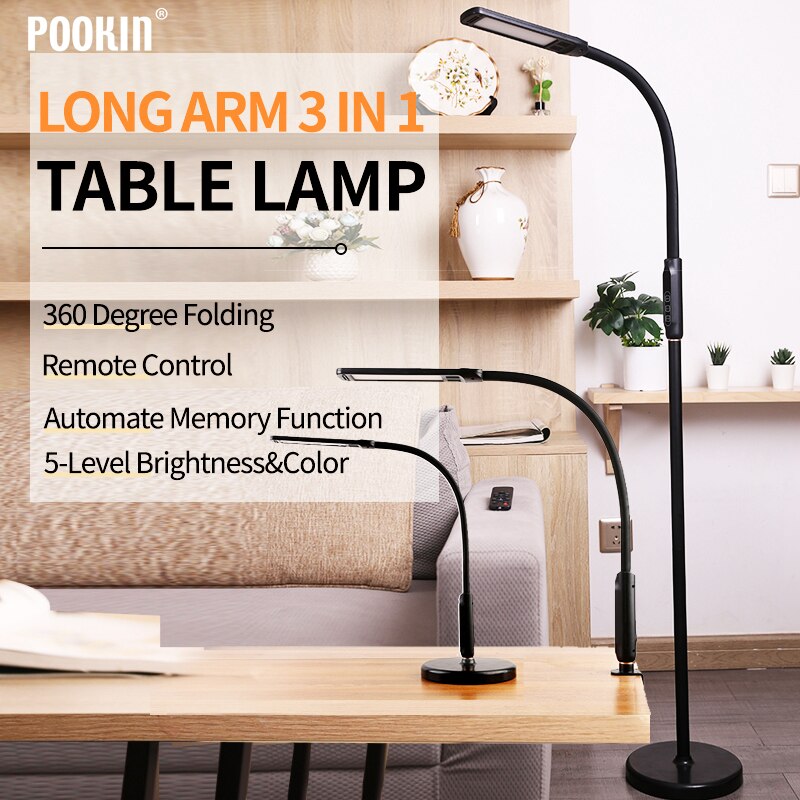 LED 3 In 1 Clip-on Lamp Floor Lamp Desk Lamp With Remote Control Dimming Gooseneck Pole Folding Lamp For Bed Living Room Office