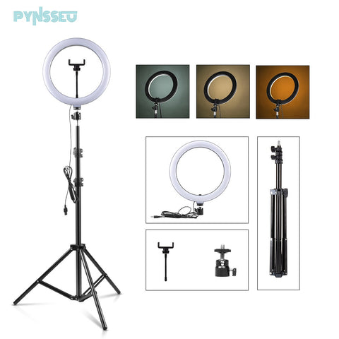 PYNSSEU 26cm LED Circle Round Light with 1.1/1.6/2.0M RGB lamp Stand Dimmable 10" Selfie Circle Round Lamp with Phone Clip for Youtube Makeup