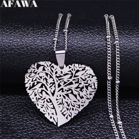 Fashion Heart Tree of Life Stainless Steel Statement Necklace for Women Silver Color Necklaces Jewelry collares  N4205S01