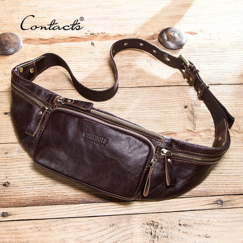 CONTACT'S Cow Leather Men Waist Bag New Casual Small Fanny Pack Male Waist Pack For Cell Phone And Credit Cards Travel Chest Bag