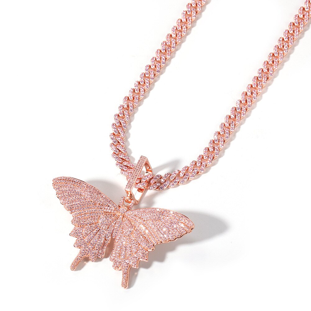 Men's Iced Out Big Pink Butterfly Pendant Cubic Zirconia Necklace Hip Hop Jewelry Charm Women Gift with Tennis or Cuban Chain
