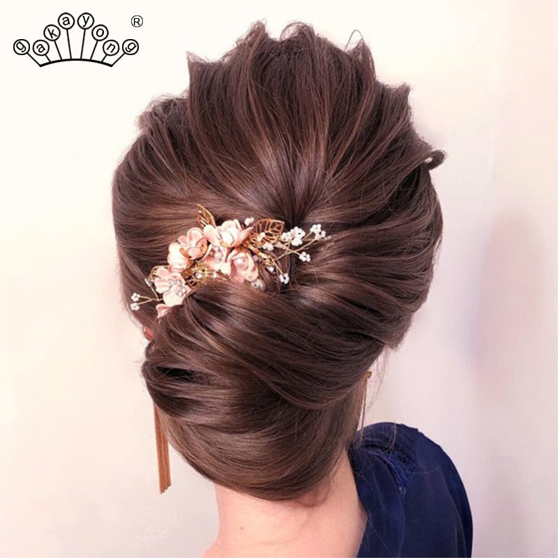 Bridal Wedding Hair Accessories Fashion Pearl Crystal Cloth Flower Hair Combs Headdress Gold Leaves Hair Jewelry Hair Pins