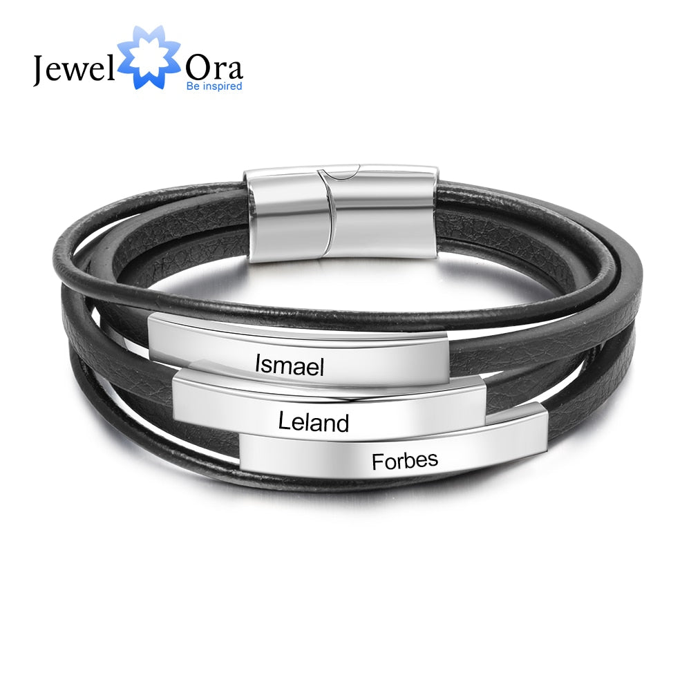 JewelOra Personalized Free Engraving Name Bar Bracelets for Men Stainless Steel Multilayer Leather Bracelet Men Jewelry Gifts