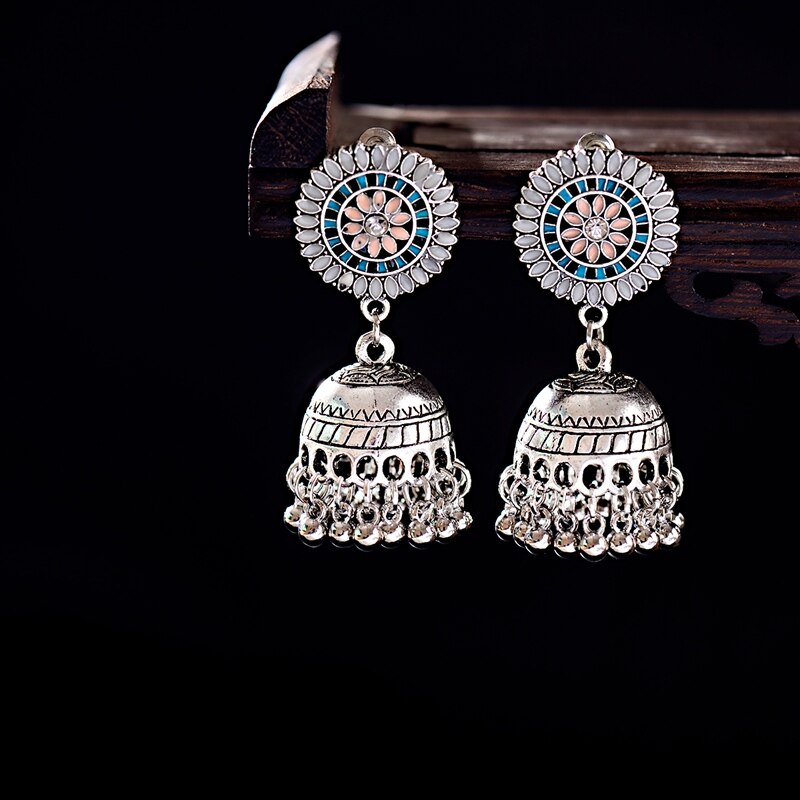 Ethnic Hollow Flower Turkish Jhumka Earrings For Women Vintage Indian Jewelry Silver Color Bell Tassel Dangling Earrings