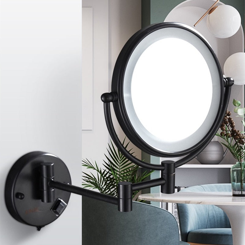 Makeup Mirrors Black/Brushed Gold Brass Wall Extending Folding Double Side LED Light Mirror 3 X/5X/10X Magnification Bath Mirror