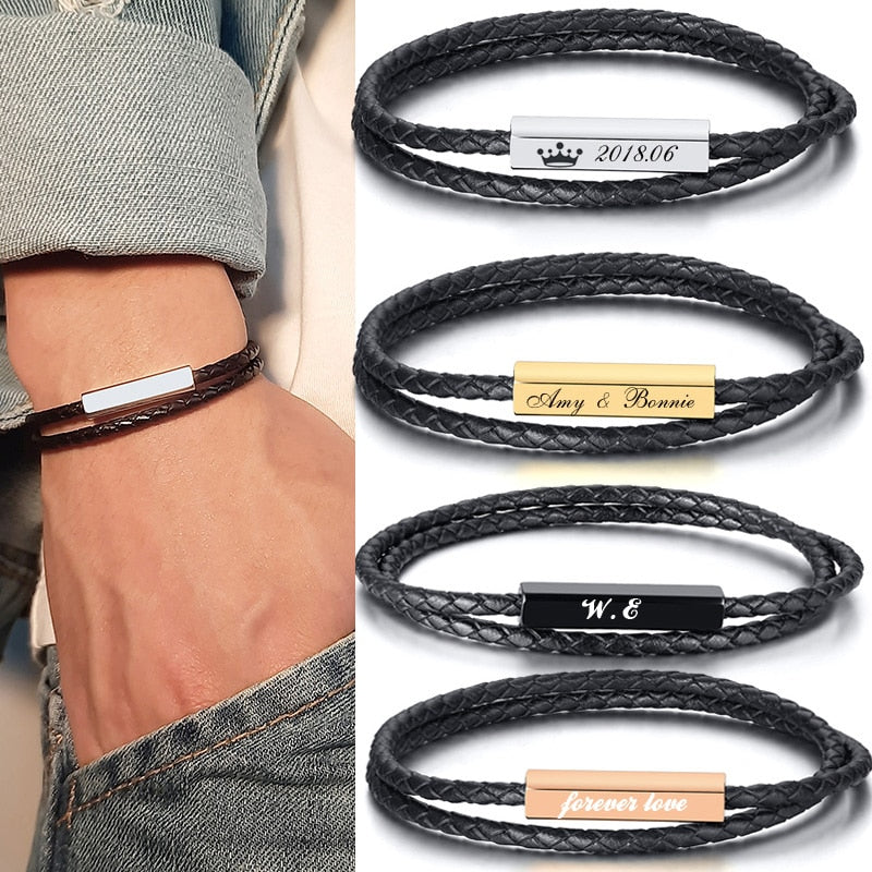 Personalized Leather Braided Bracelet for Men Women Customized Name Engrave Bangle 19cm  21cm