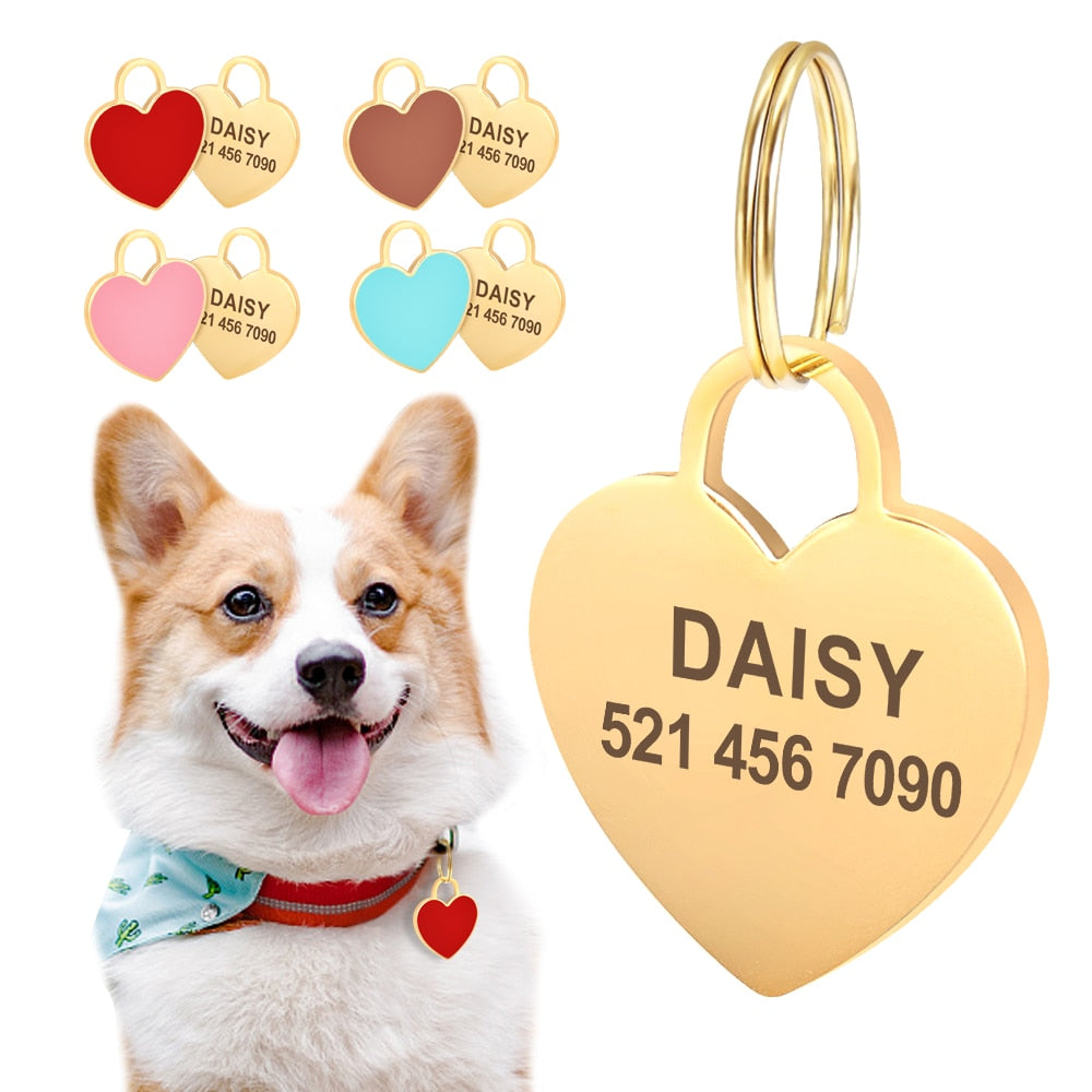 Personalized Cat Dog ID Tags Heart Shape Dog Cat Name Tag Customized Engraved Anti-lost Pendant Pet Dog Collar Accessories