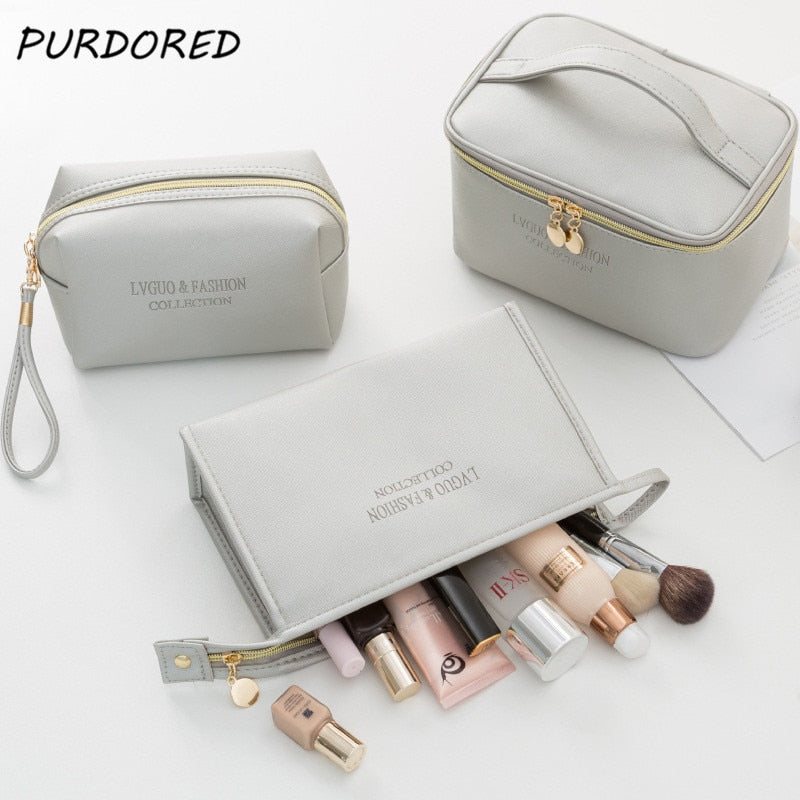 PURDORED 1 Pc  Large Women Cosmetic Bag PU Leather Waterproof  Zipper Make Up Bag Travel Washing Makeup  Organizer Beauty Case